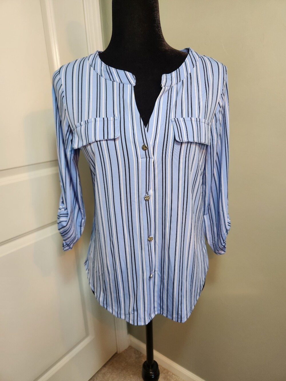 Adrienne Vittadini Light Blue and White Vertical Stripe Button-Down Shirt